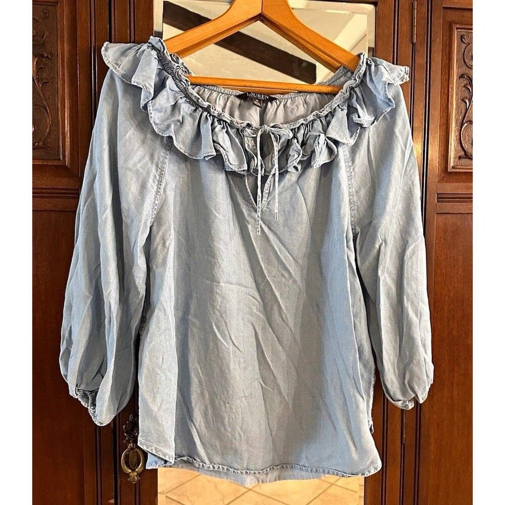 Lauren Ralph Lauren Women’s Blue Chambray Off-Shoulder Ruffle Tie Blouse M